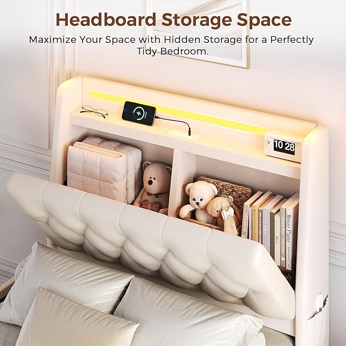 Twin LED Velvet Bed Frame with 2 Storage Drawers&Hidden Headboard, Upholstered