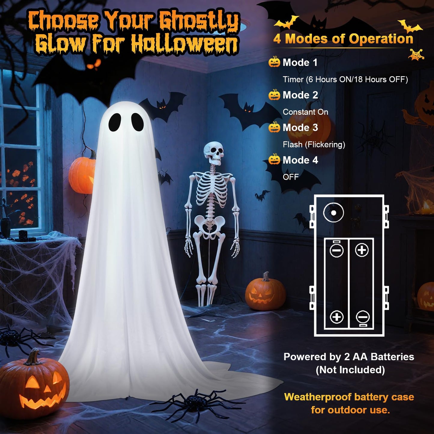 2 Pack Halloween Ghosts Outdoor Spooky Ghost Decorations Outside 36'' & 18'' Tall White Light Timer Function Standing Scary Light Up Ghost Kit for Porch, Courtyard, Party, Haunted Houses (White)