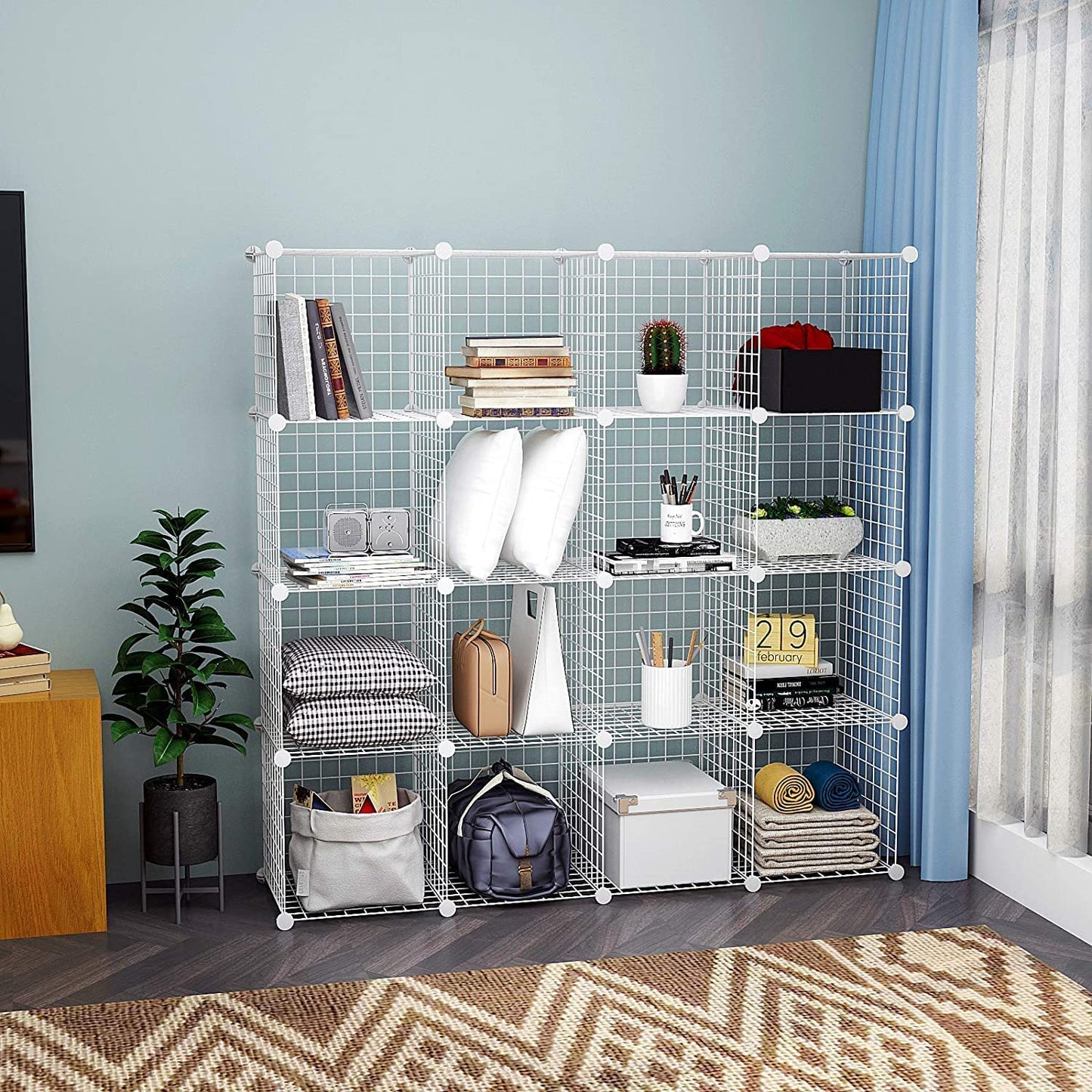 HUBSON Wire Cube Storage Organizer, Book/Toy/Craft/Potted Plants and petCloset Organizers and Storage Shelves, 20-Cube Freely Combinable Metal Grids Storage Shelf, White Iron