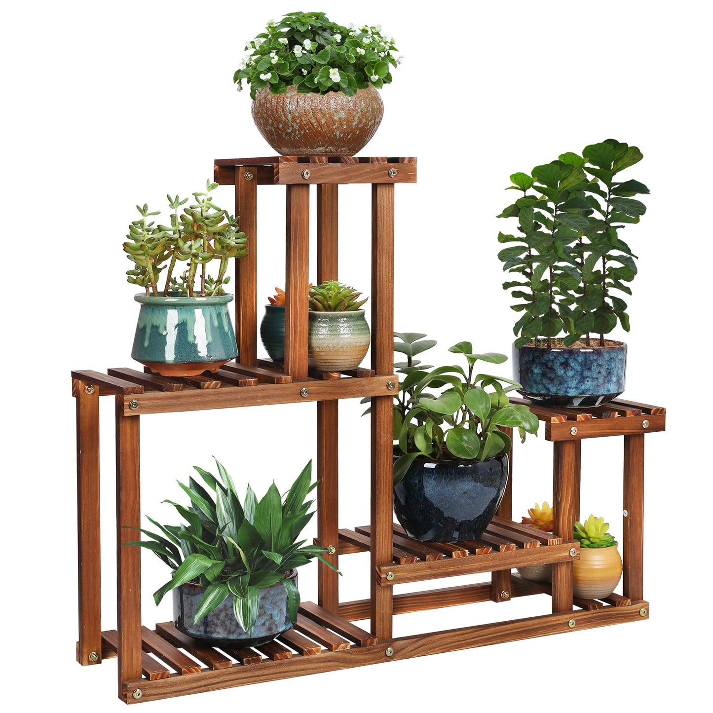 COOGOU Pine Wood Plant Stand Indoor Outdoor Multi Layer Flower Shelf Rack Higher and Lower Plant Holder in Garden Balcony Patio Living Room (4 Tiers )