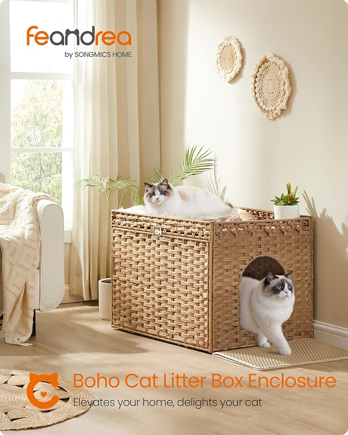 Feandrea Cat Litter Box Enclosure, Handwoven Rattan Hidden Litter Box Furniture