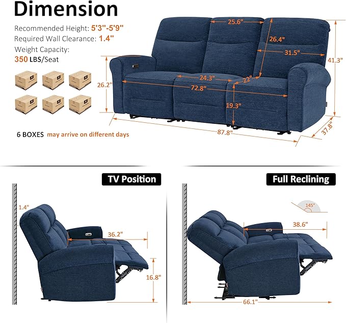 MCombo 87.8" Wall Hugger Power Reclining Sofa, 3-Seat Triple Recliner Couch