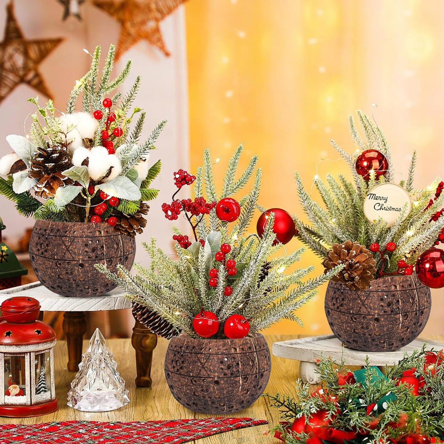 AuroraTurn 4 PCS Handmade Coconut Planters for Centerpieces, Coconut Flower Vase Rustic Planter Pots for Garden Party Wedding Window Home Farmhouse Christmas Table Decor