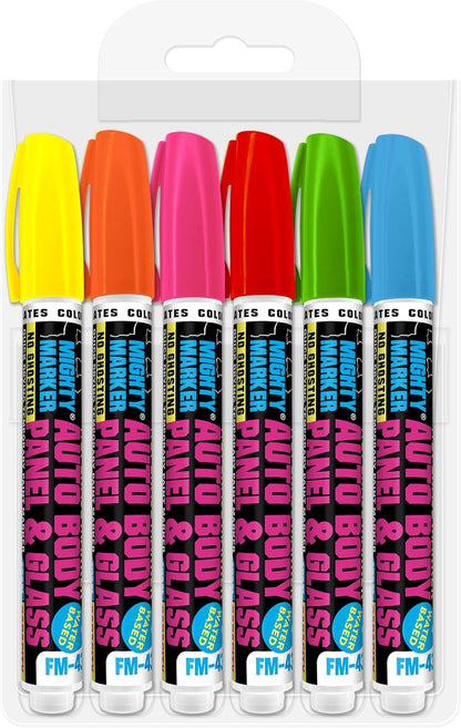 FM-43 Auto Body and Glass Paint Marker, No-Ghost, Highly Water-Resistant, 2.3mm Bullet Tip, Valve Action, 6 Bonus Reversible Tips, Made in USA - Fluorescent Assorted 6 Pack