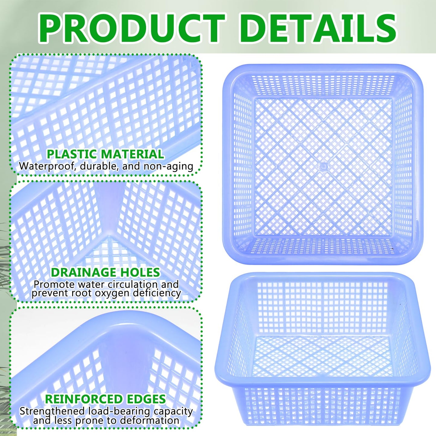 MegoSage 12PCS Aquatic Plant Baskets for Hydroponics Water Garden Plant Pots 10.5 x 10.5 x 3.7 Inch Square Plastic Mesh Basket for Hydroponics Live Aquarium Nursery Grow Botany Flowers