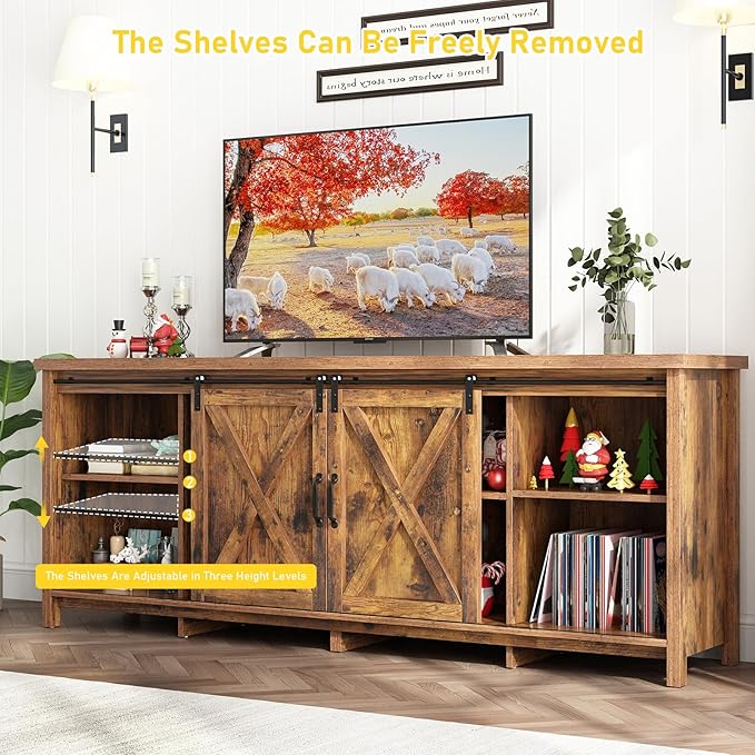 70" Farmhouse TV Stands for 70 75 80inch TV w/Adjustable Shelves, Sliding Barn