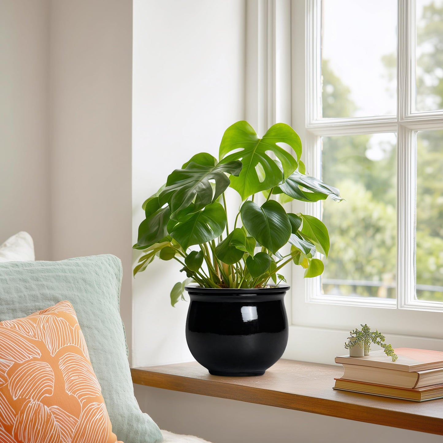 Teagas Ceramic African Violet Self Watering Pots, 6 Inch Self Watering Plant Pot with Absorbent Inner Pot, Flower Pots for Indoor Plants, Round Ceramic Planter, Home Decor, Plant Lover Gifts, Black