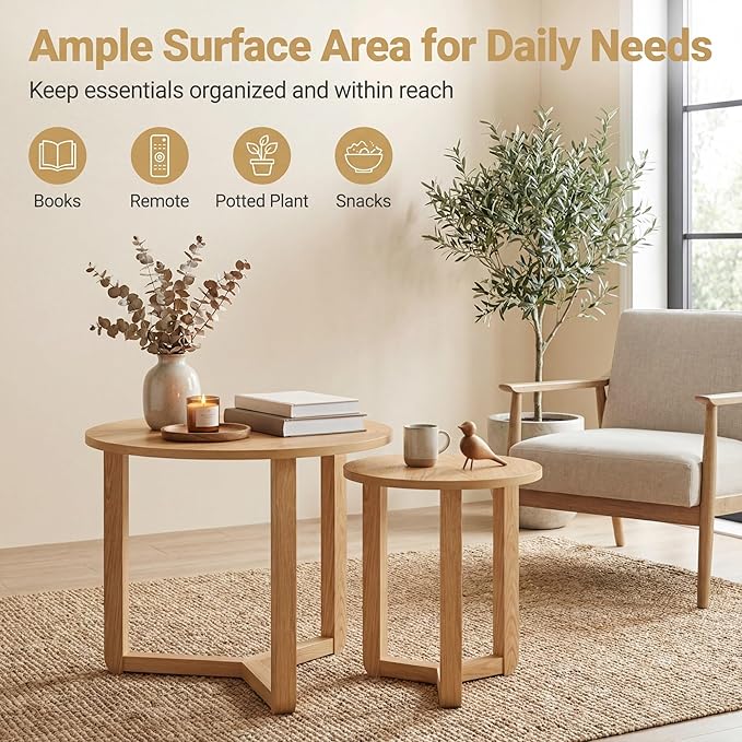 Tangkula Round Nesting Coffee Table Set of 2, Farmhouse End Tables