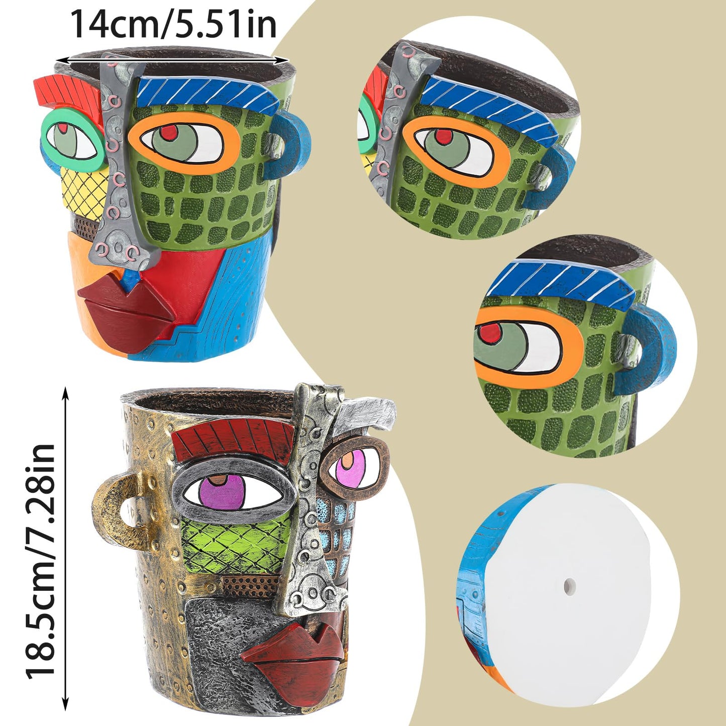 LemonRoad 2 Pcs Abstract Picasso Face Pots Head, Mexican Flower Pots with Drainage, Unique Decorative Head Plant for Indoor Outdoor, Funky Gift