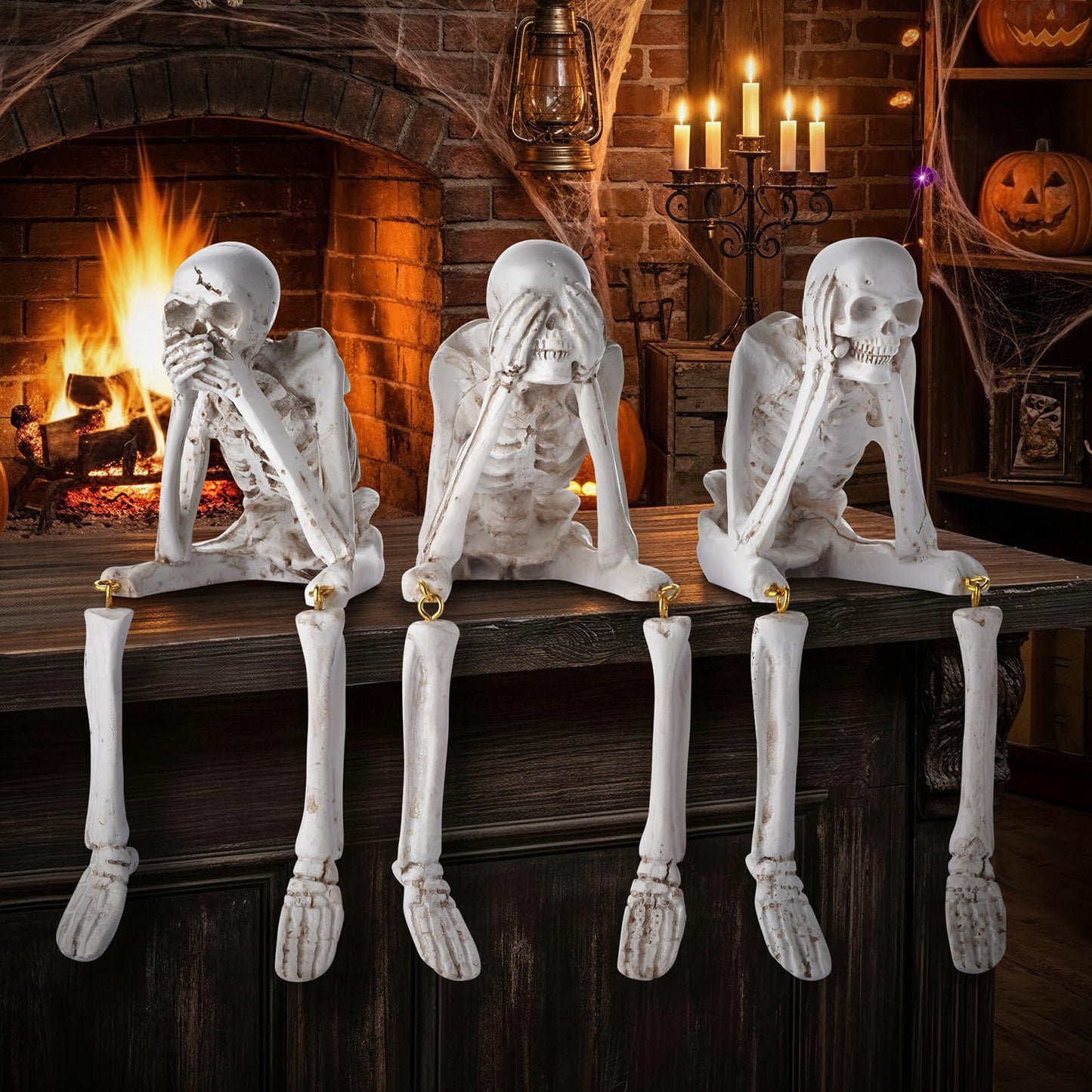 Zalovvi Halloween Skeleton Decor, See No Evil Hear No Evil Speak No Evil Statues Set of 3, Resin Skull Figurines for Home Mantel Living Room Office, Halloween Decorations Gift (Halloween)