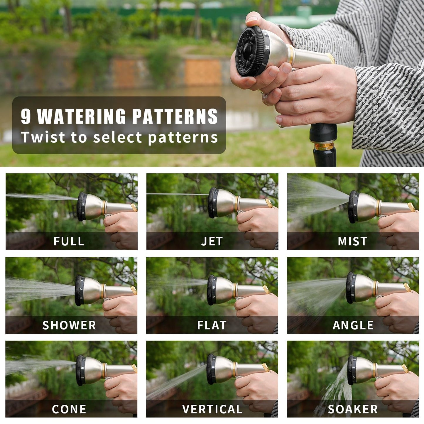Besiter Garden Nozzle Sprayer, High Pressure Metal Water Hose Sprayer with 9 Watering Patterns, Heavy Duty Sprayer for Washing Cars, Watering Plants, Cleaning Yard & Showering Pets (Black)