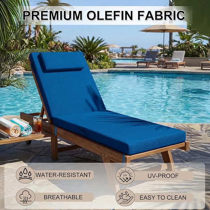 Outdoor Chaise Lounge Cushions, 71x21 Inch Olefin Water & Fade Resistant Pool