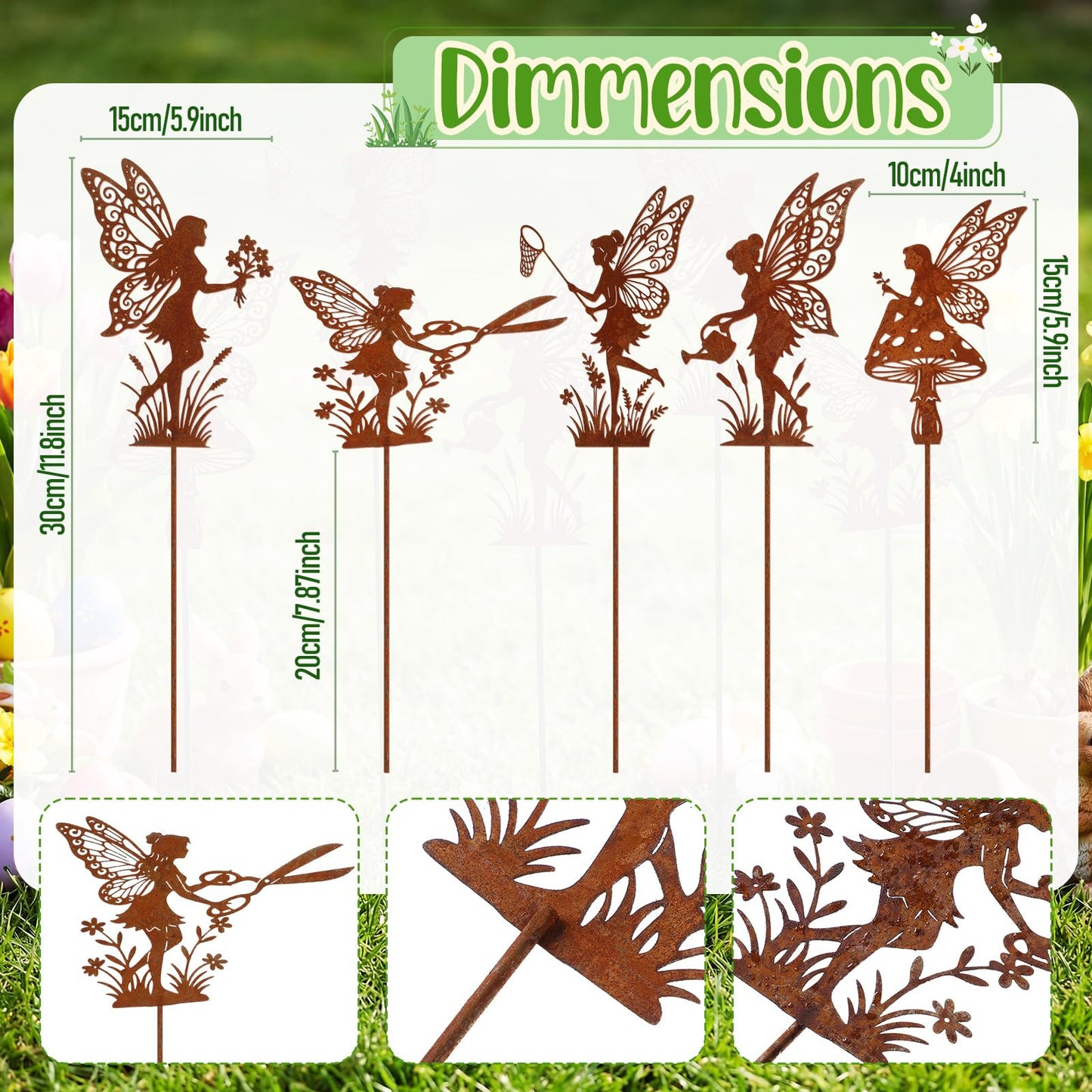 Novabright 5 Pcs Decorative Garden Stakes Metal Fairy Silhouette Set Stakes Outdoor Yard Art Decor Fairy Garden Sign for Lawn Flower Bed Planter Pot Landscaping(Rust)