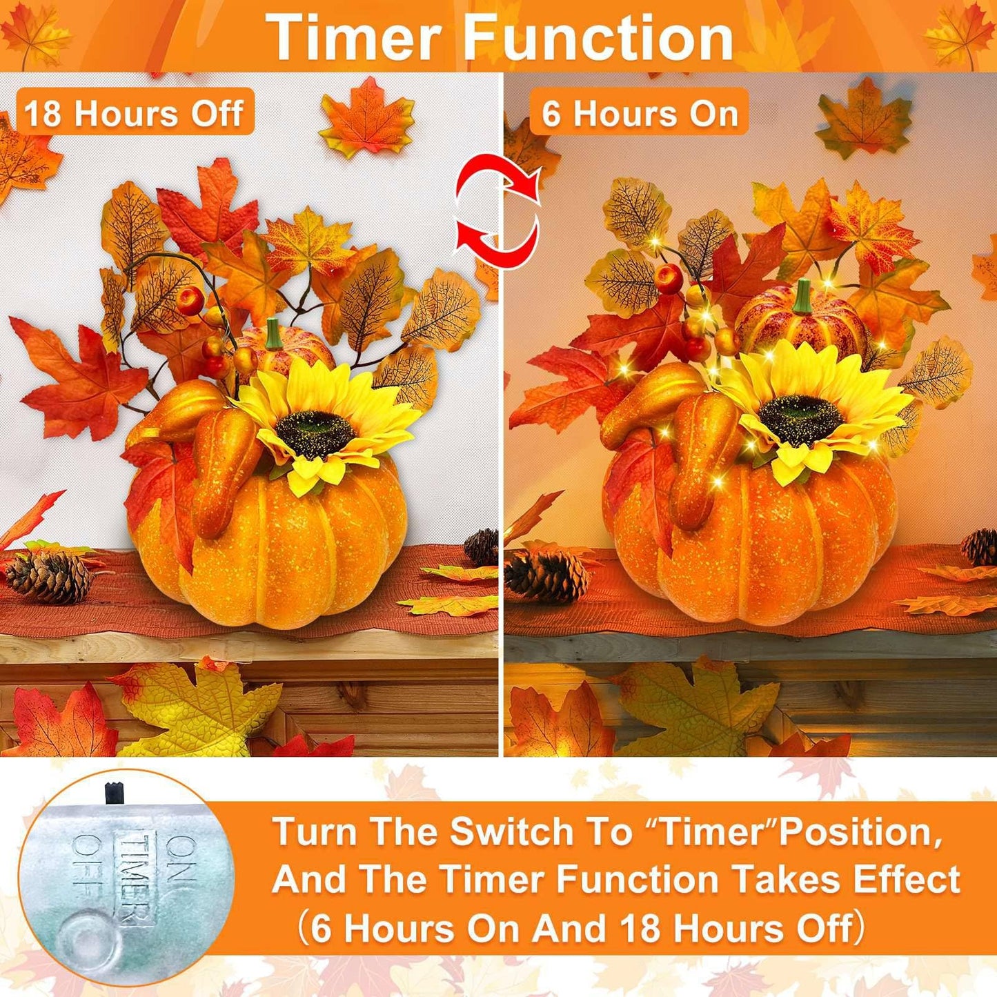 [Timer & Prelit] Thanksgiving Decorations Pumpkin Decor, Artificial Fake Pumpkin with Maples Leaves Sunflower Berried 20 LED Warm White Lights Fall Centerpieces for Tables Home Kitchen Porch Indoor