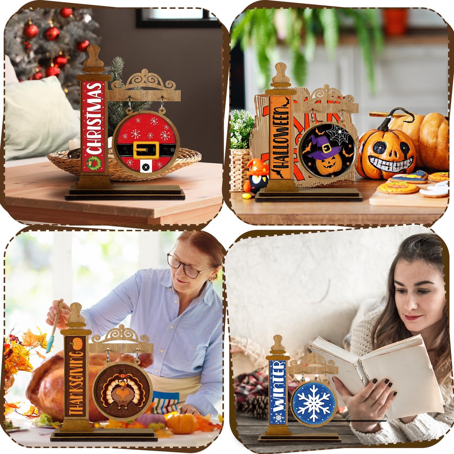 RattanView 41 Pcs Interchangeable Seasonal Decor Mini Standing Sign Farmhouse Convertible Holiday Wood Welcome Sign for Summer 4th of July Home Sweet Home Table Decor(Dark Brown)