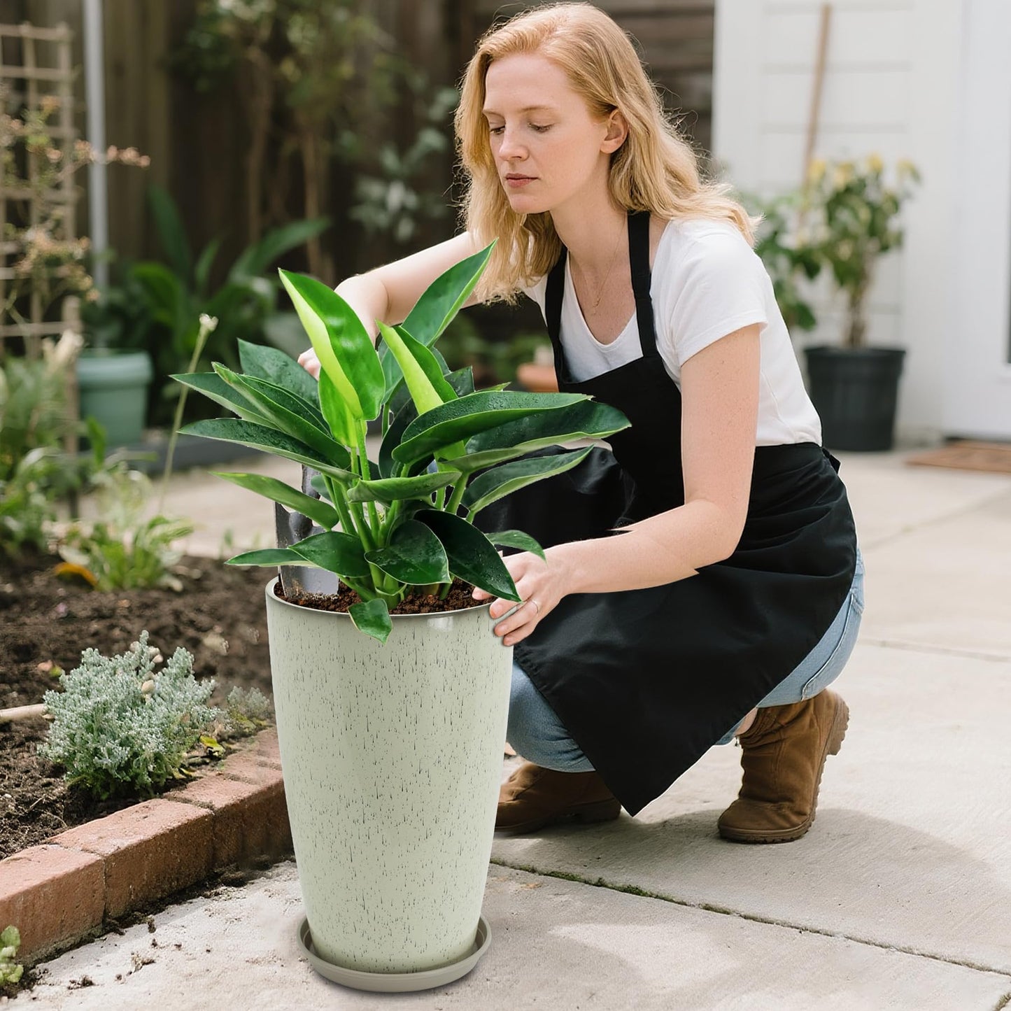 Neoaider 24/21/12 Inch Large Plastic Planter, Lightweight Ceramic-Look Tall Planters with Drain Hole & Saucers, Tall Plastic Planters for Porch, Garden, Patio, Balcony(Drip Glaze)