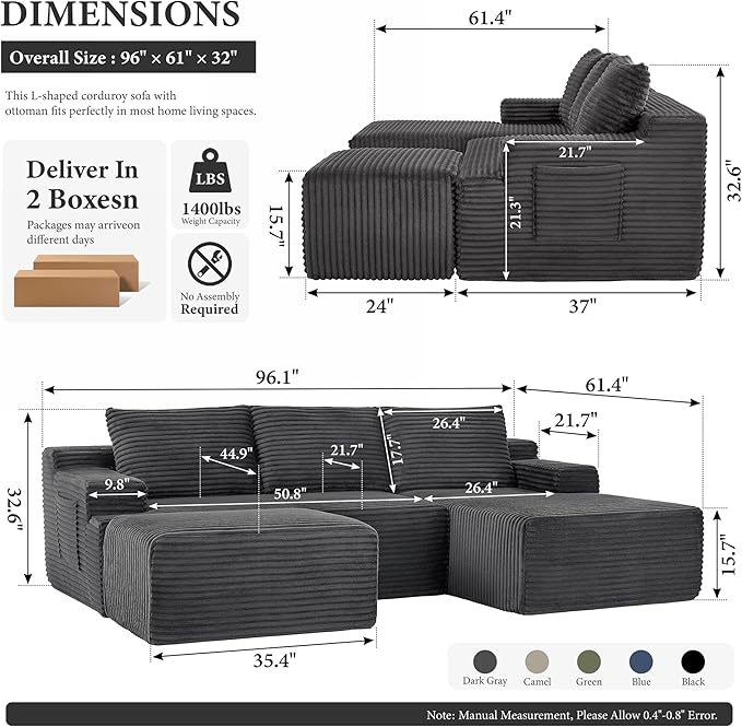 96" Sectional Couches for Living Room Cloud Couch Sofa
