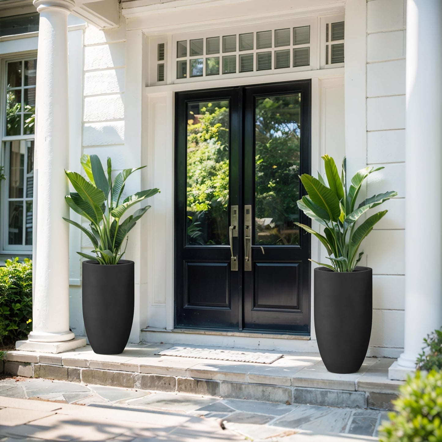 Kante 24 Inch Tall Round Concrete Planter, Large Indoor Outdoor Plant Pots with Drainage Hole and Rubber Plug, Modern Decorative Garden Pots for Home Patio Porch, Black