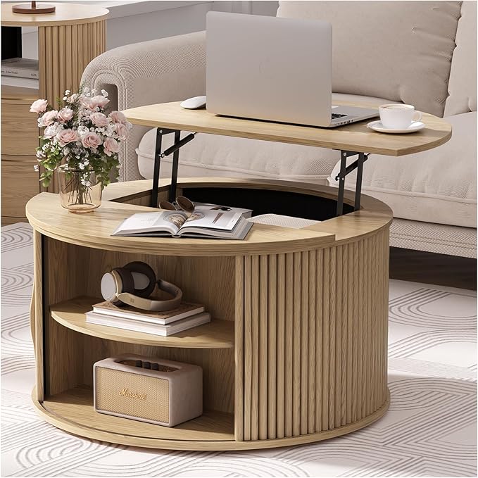 JOINICE 31.5" Round Lift Top Coffee Table, Natural Oak Modern Fluted Drum