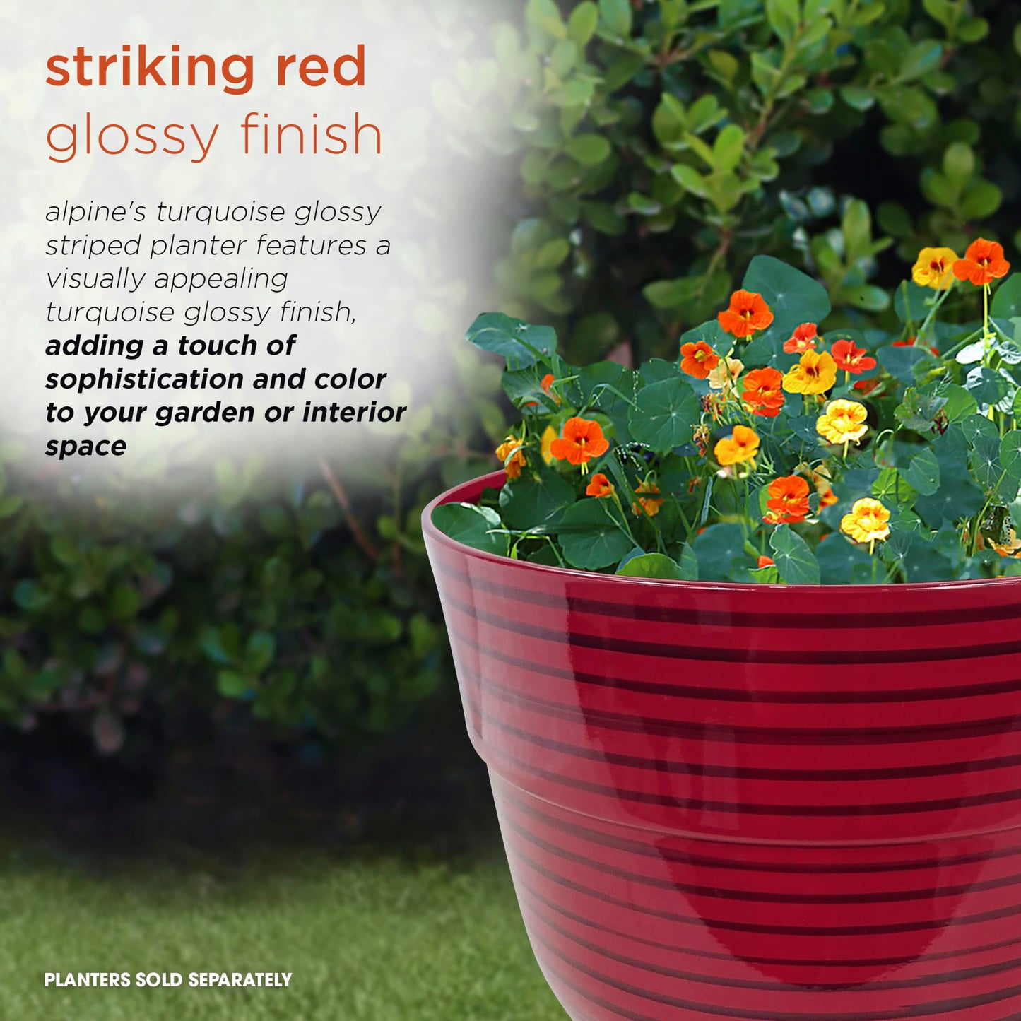 Alpine Corporation TWM120RD Indoor/Outdoor 13" Round Striped Planter, Glossy Planter with Drainage Hole and Plug, Red