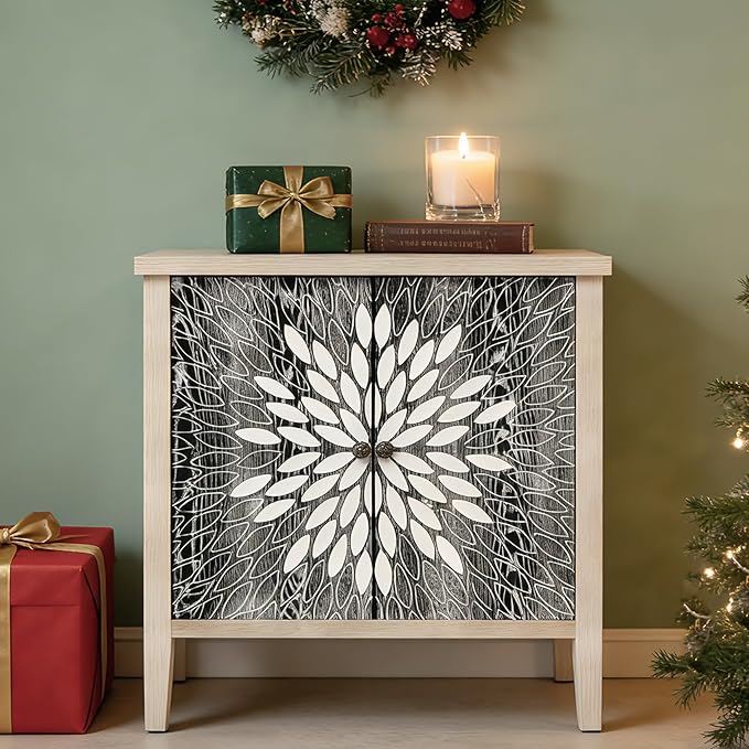 Black Accent Furniture, 32 Inch Wide 2-Door Carved Geometric Sideboard Buffet