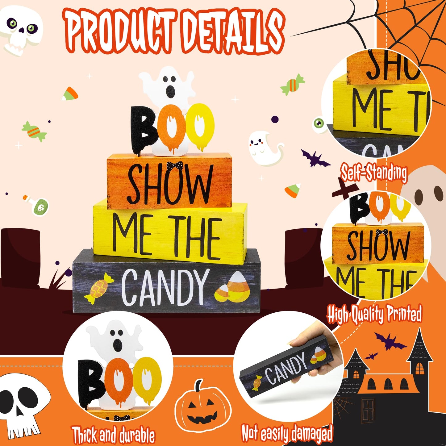 4 Pcs Halloween Wooden Tiered Tray Decor, Show Me the Candy Decorations Gifts for Home, Halloween Table Centerpiece for Fall Party Kitchen