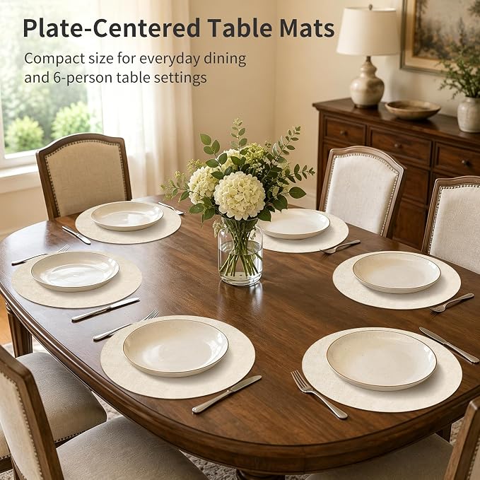 Maxpearl Round Placemats Set of 6, 13.8 inch Faux Leather Heat Resistant Table Mats, Non Slip Waterproof Wipeable Place Mats for Kitchen Dining Holiday Party Table Settings, Beige