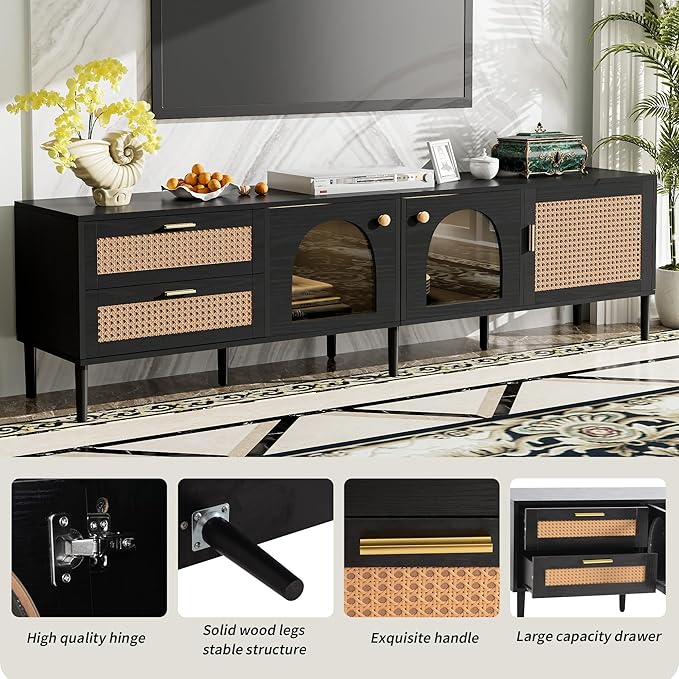 Merax Rattan TV Stand with LED Lights, Solid Wood Feet, Living Room, Bedroom