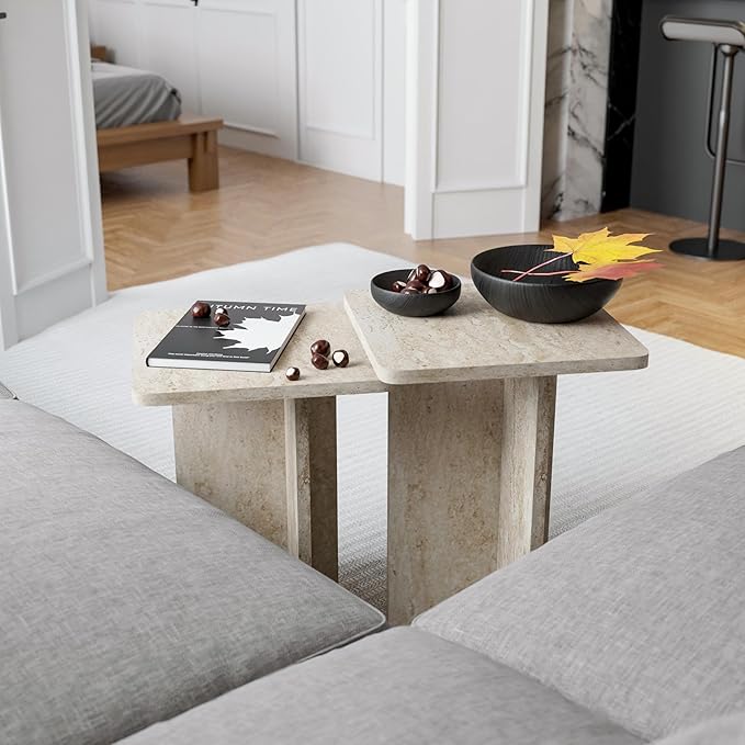 Travertine Efect Square Nesting Table Set of 2 Modern Coffee Table Small Side