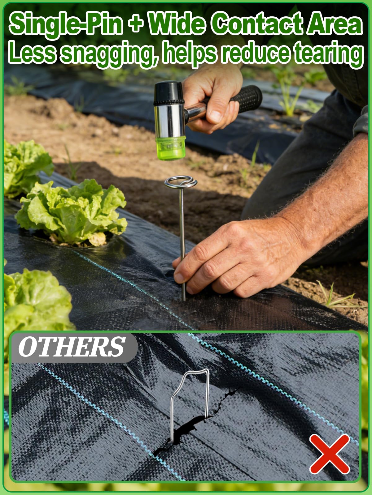 6 Inch Landscape Staples with Hook & Hammer - 200pcs Circle Top Weed Barrier Stakes Kit, 9 Gauge Galvanized Rust-Resistant Garden Fabric Pins, for SOD, Garden Edging, Install & Remove Tools Included