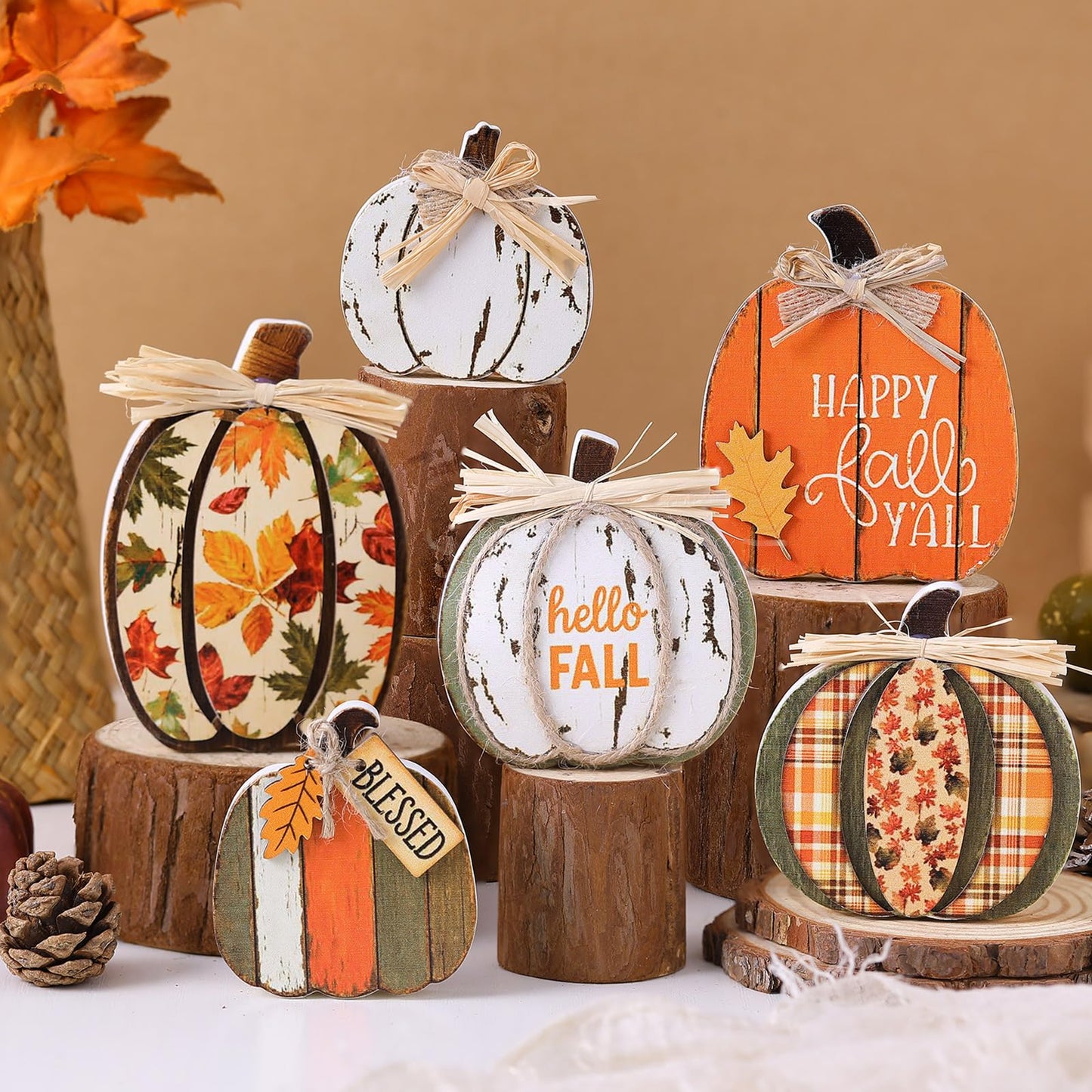 Leinuosen 6 Pcs Fall Pumpkin Decor Wooden Block Sign Fall Tiered Tray Decor for Home Autumn Table Centerpieces Decorations for Thanksgiving Harvest Table Mantel(6 Pcs,Pumpkin)