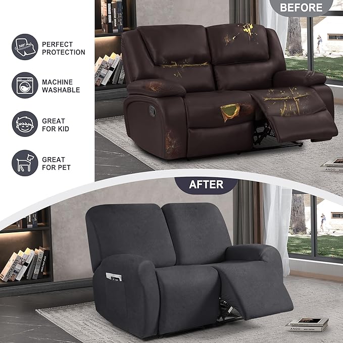 ANARACHON Leather Look Loveseat Recliner Cover, 6-Pieces Stretch Dual Recliner