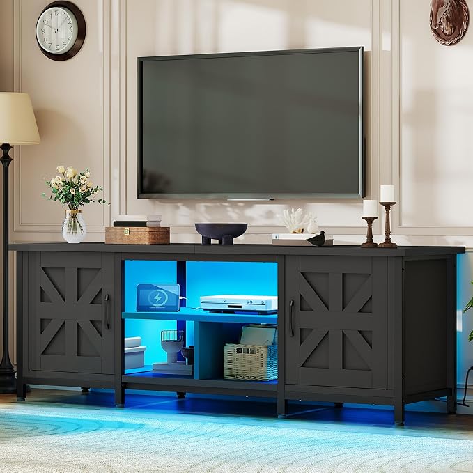 YITAHOME TV Stand with LED Lights & Charging Station, Farmhouse Entertainment