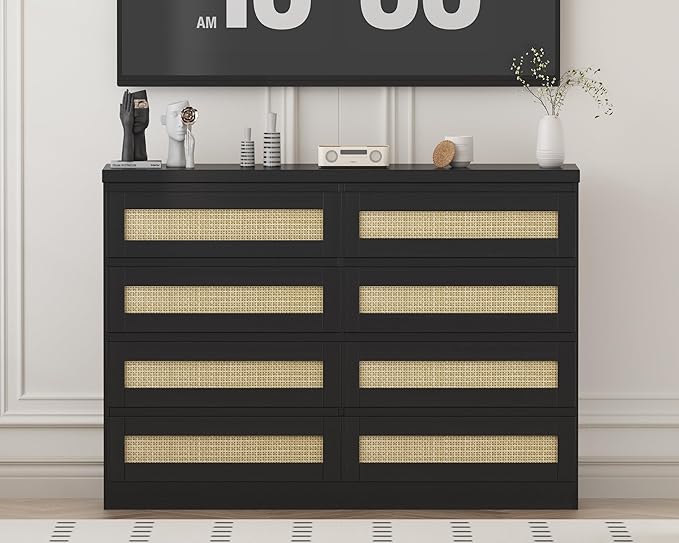 47 Inch Rattan 8 Drawer Dresser, Modern Farmhouse Chest of Drawers, Tv Stand