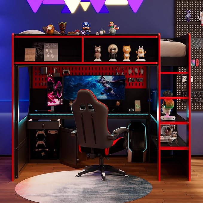 Modern Gaming Loft Bed with Built-in Desk, LED Lighting & Charging Hub –Twin