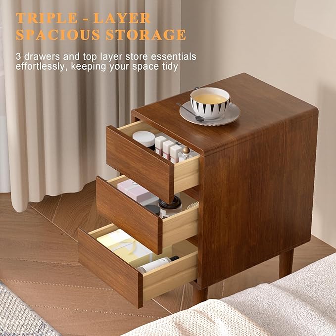 Nightstand with 3 Drawers Narrow Night Stand Solid Wood Bedside Table Mid