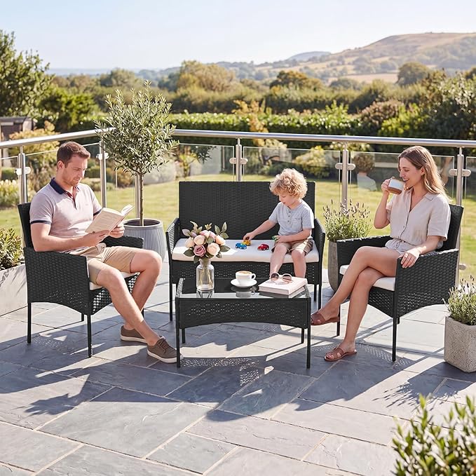Sweetcrispy 4-Piece Patio Furniture Set, Weather-Resistant PE Rattan Outdoor