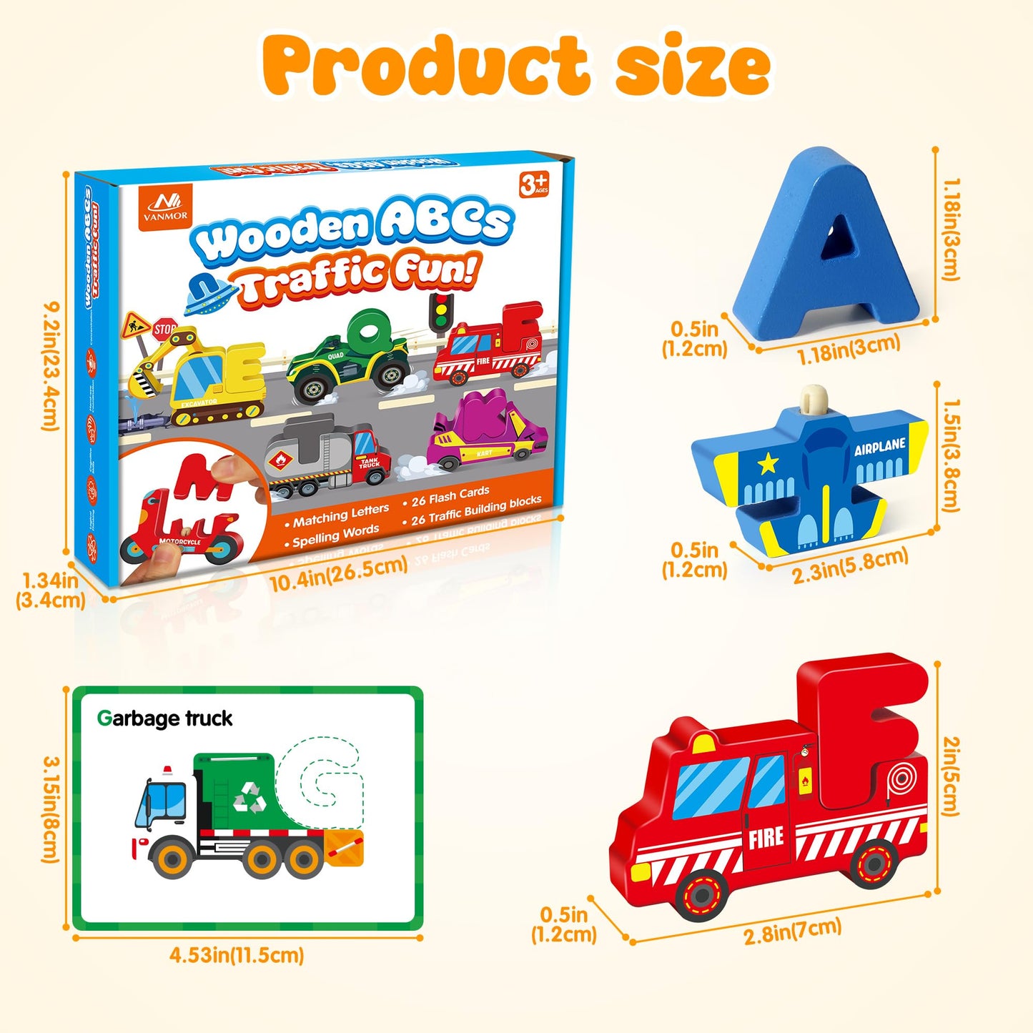 Vanmor Wooden Vehicle Alphabet Puzzle for Toddlers, Traffic ABC Letter Sight Words Matching Game with 52 Blocks and Flash Cards, Spelling Game Toys, Kindergarten Preschool Learning Activities