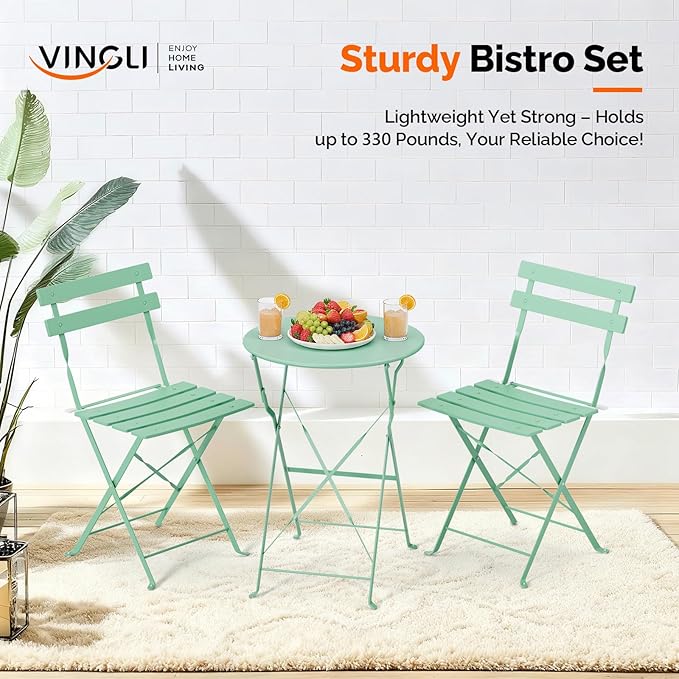 VINGLI Outdoor Folding Bistro Table and Chairs Set of 2, 3-Piece Bistro Set
