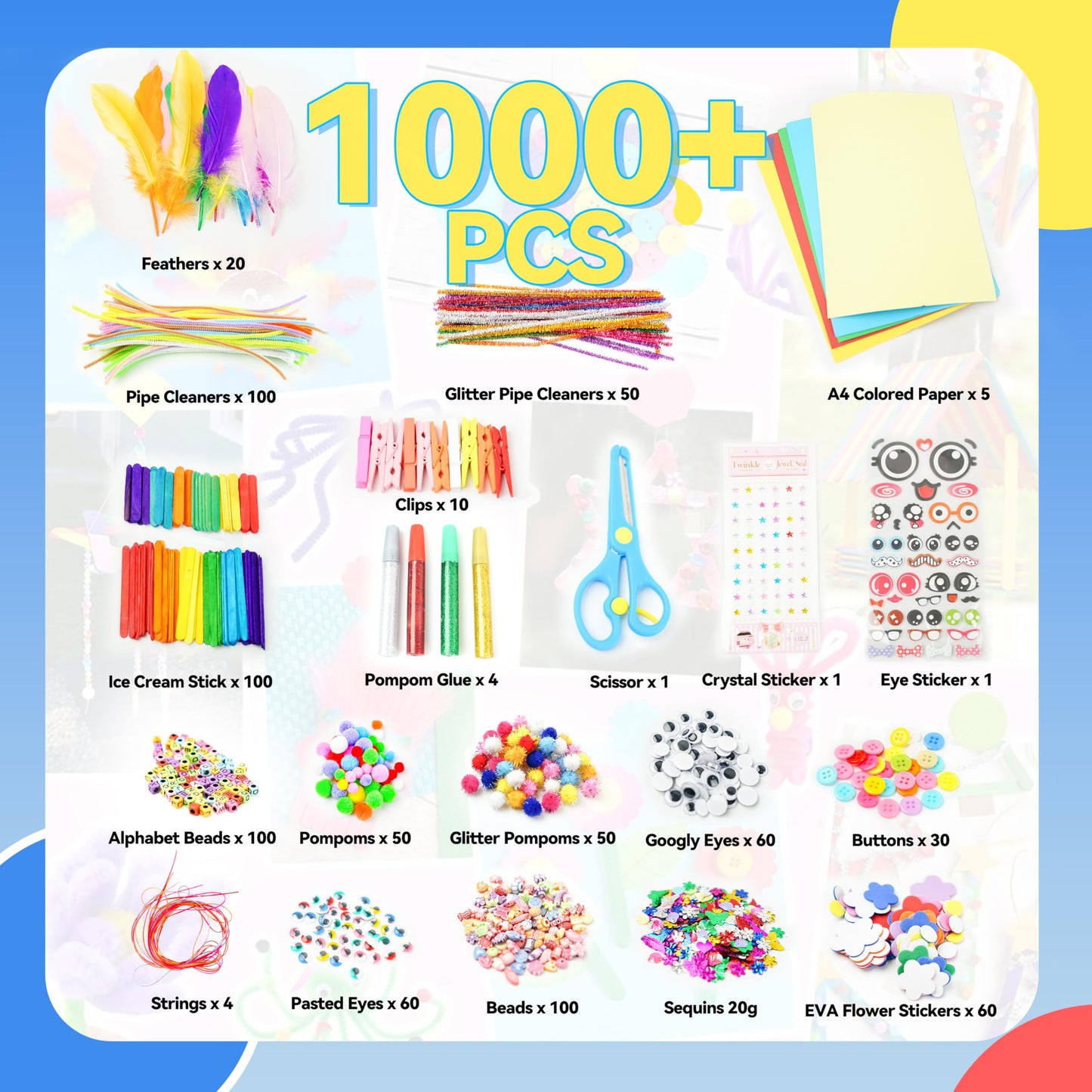 SMILESSKIDDO Arts Craft Supplies for Kids - 1000+ PCS Toddler DIY Craft Art Supply Set, Portable 3 Layered Folding Storage Box School Craft Projects - Gifts for Girls Ages 4-8, 8-12, Blue