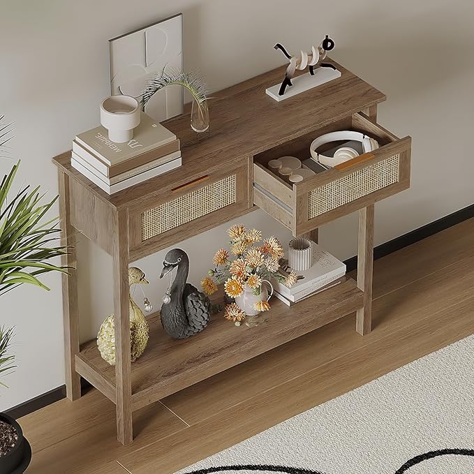 Trironsun Farmhouse Rattan Console Table