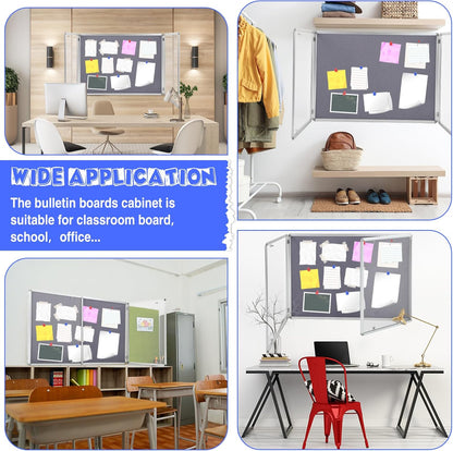 Enclosed Bulletin Board 48" x 36" Weather Resistant Lockable Notice Cork Display Board Wall Mounted 2 Locking Door for School Classroom Commercial Back to School, 12 x A4(Gray, Silver Frame)