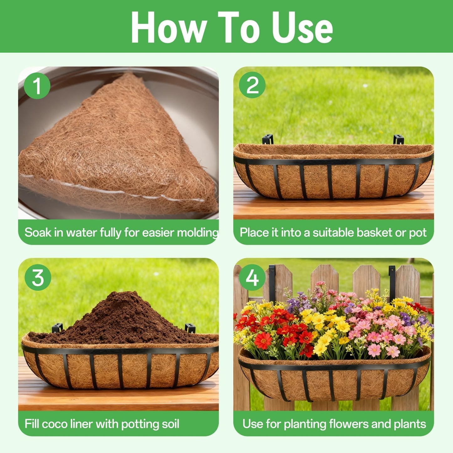 ZeeDix 24 Inch Trough Coconut Liners for Planters (4-Pack) - 100% Natural Coconut Coir Fiber Planter Liners Replacement for Window Boxes, Wall Baskets, Deck Flower Boxes, Garden Railing Fence Troughs