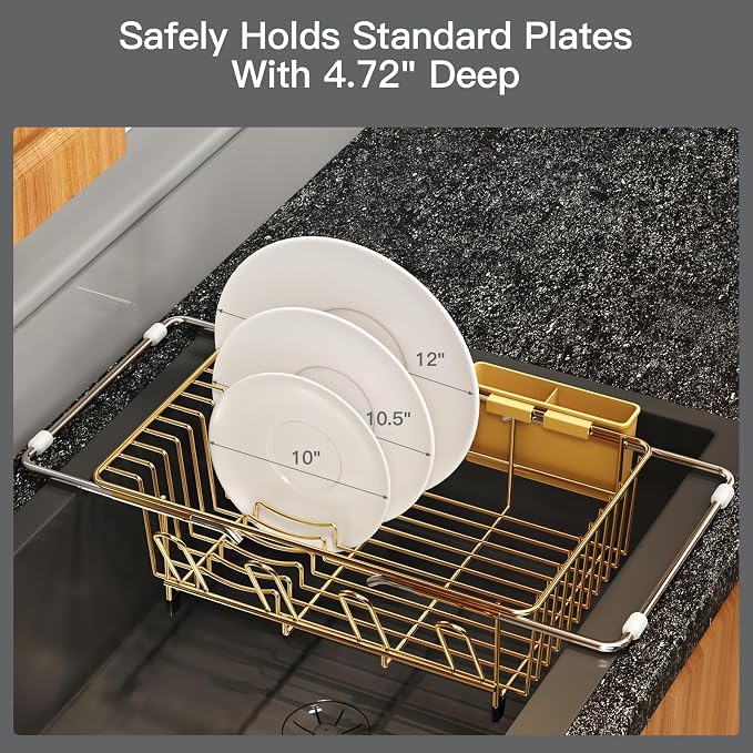 MAJALiS Gold Dish Drying Rack Over The Sink with Utensil Holder | Expandable Stainless Steel Dish Drainer for Small Kitchen, Apartment, RV, Counter Space Saving, Perfect Fit, Rustproof