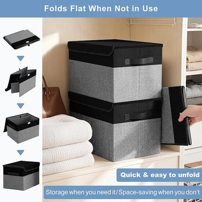 Bagnizer Large 22 Quart Linen Fabric Foldable Storage Bin Cube Organizer Basket with Flip-Top Lid & Handles, Clothes Blanket Box for Home, Office, Closet, Black & Gray, 4 Pack 14.6 x 9.5 x 9.5