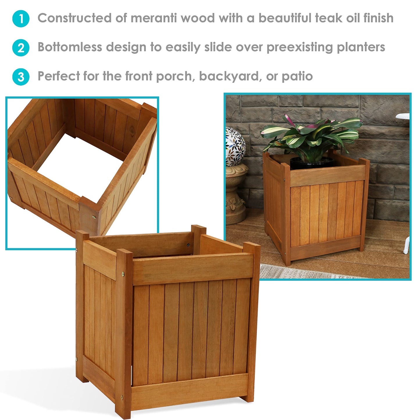 Sunnydaze 16-Inch Meranti Wood Planter Boxes for Outdoor Plants - Square Large Planter Boxes with Teak Oil Finish - Set of 2