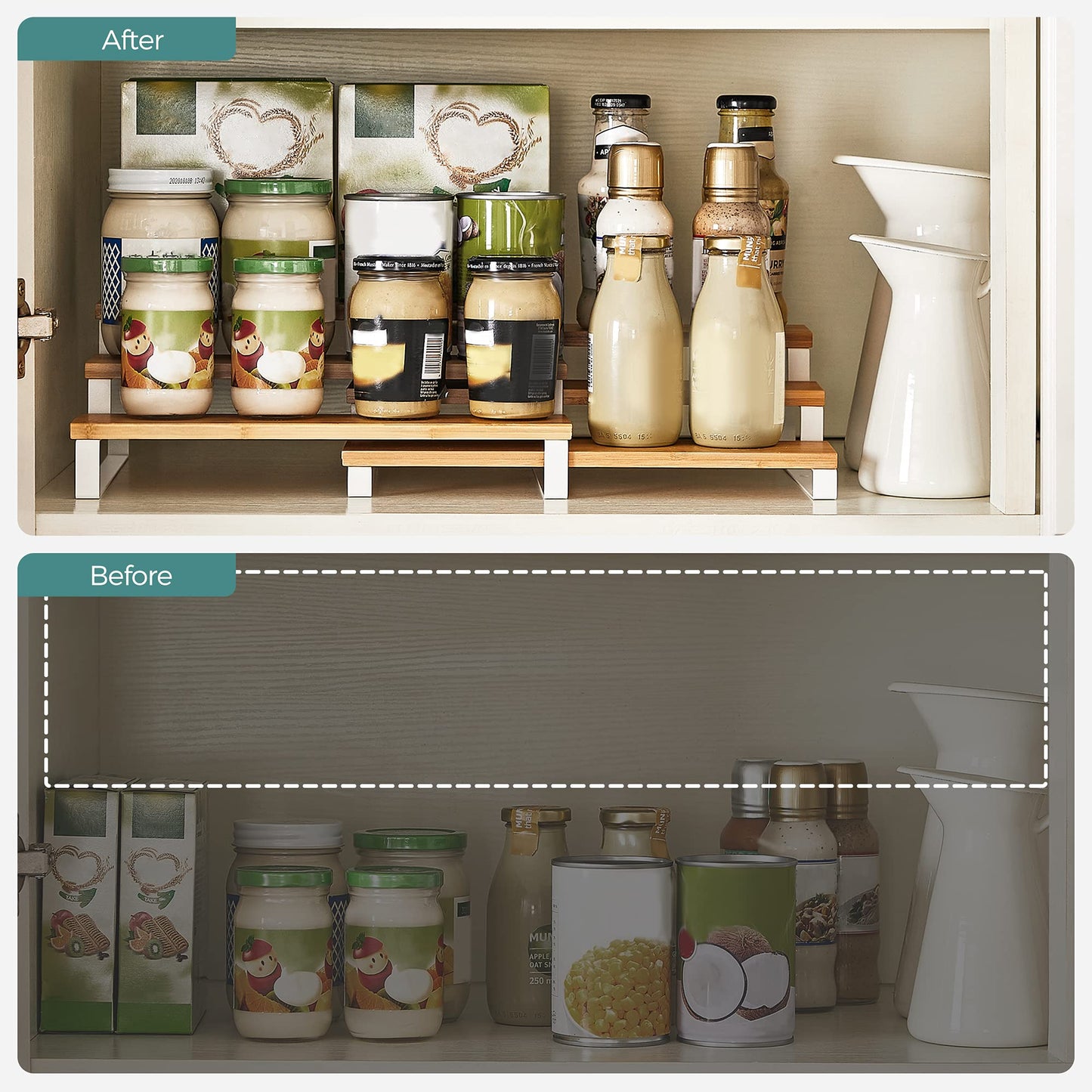 SONGMICS Display Risers, Set of 2 Engineered Wood Perfume Organizer Stand, 3-Tier Cupcake Stand Holder, Spice Rack, Shelf Risers for Figures, Dessert Shelves, Natural Beige and Cloud White UKCS016N02