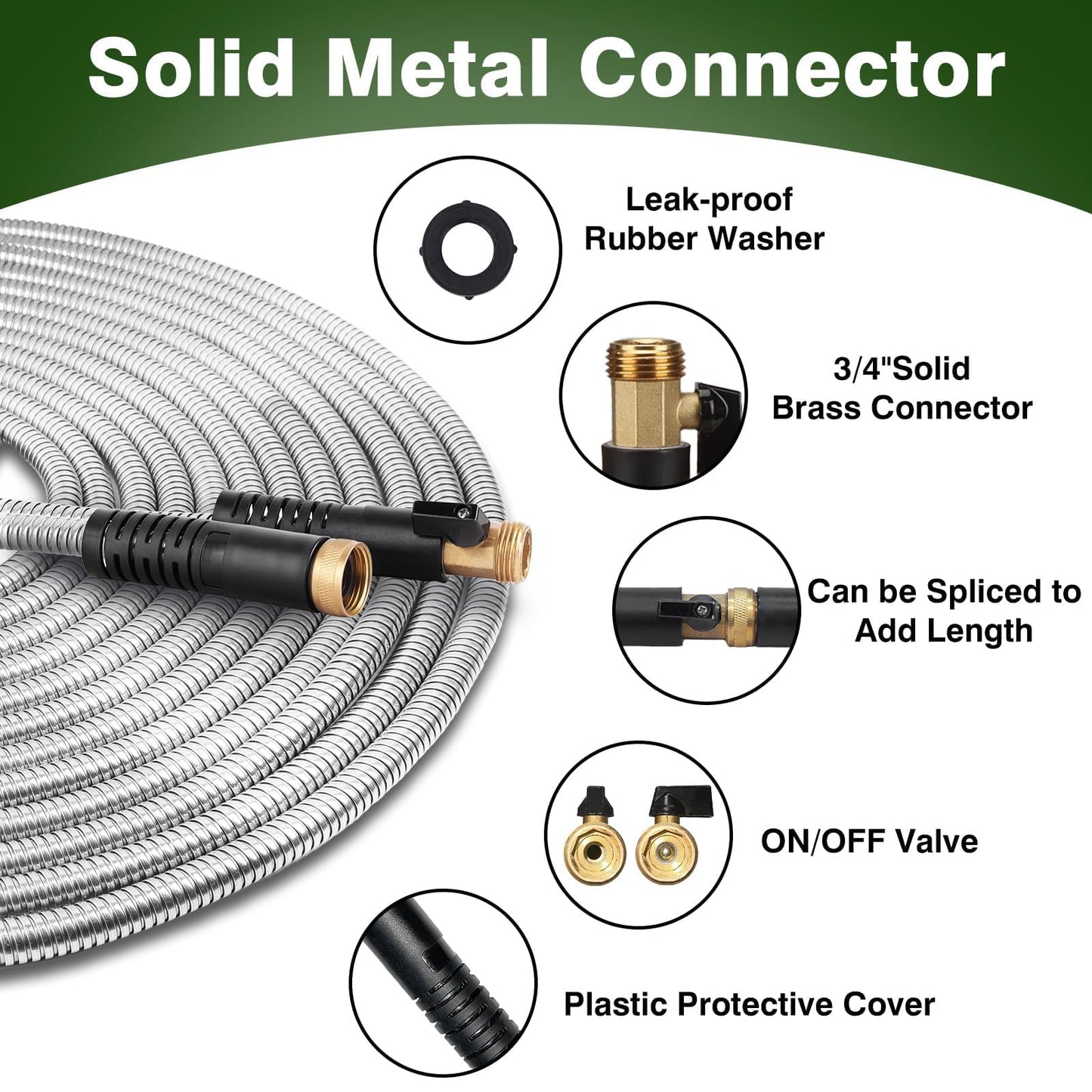WHOBUY 25FT Metal Garden Hose 304 Stainless Steel Flexible Water Hose - No Kink & Tangle Heavy Duty Pipe with Nozzle, Durable 3/4 Brass Fittings and Valve - Rust Proof Puncture Proof for Yard Lawn