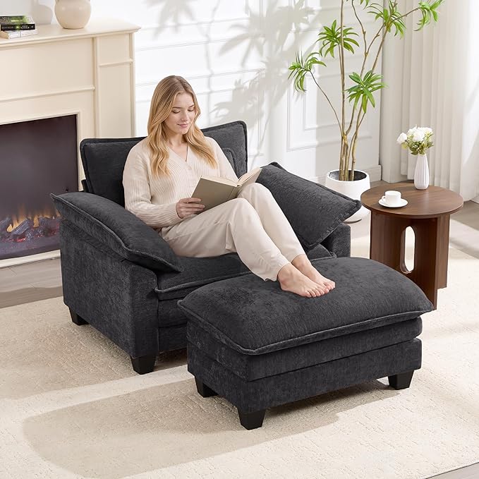Oversized Accent Chair with Ottoman, Upholstered Armchair with Extra Thick