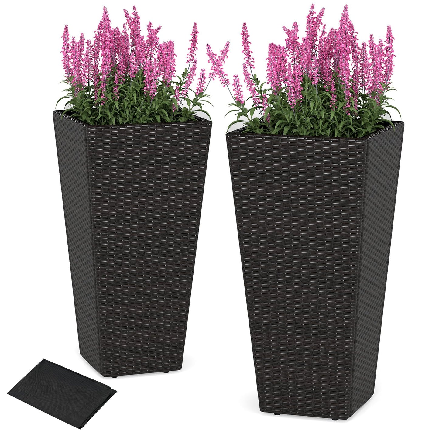 Giantex Set of 2 Outdoor Wicker Flower Pot, 30 Inch Tall Planters with Drainage System, PE Rattan Flower Pots, Indoor Outdoor Decoration for Front Porch Balcony Entryway, Dark Brown